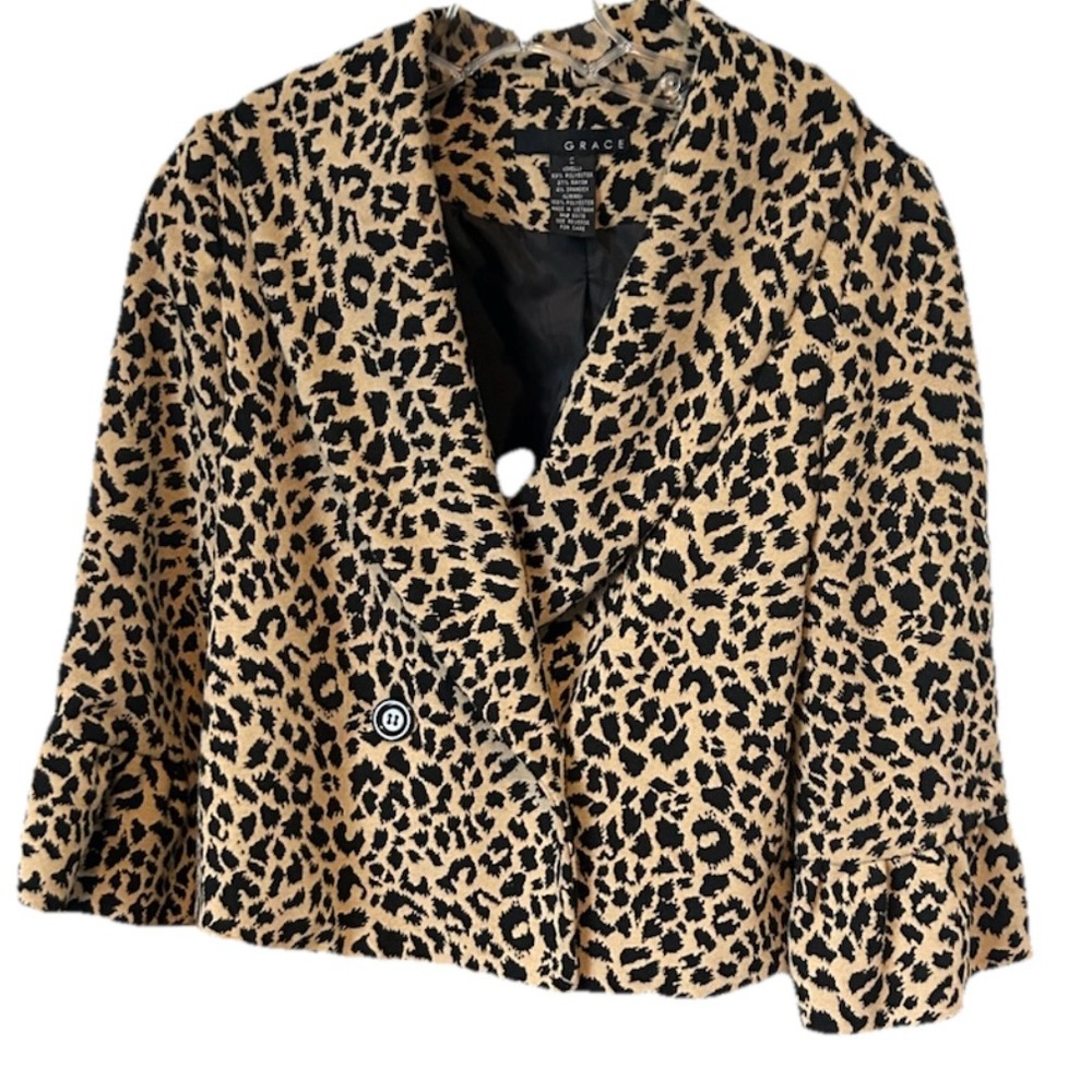 Grace Women's Cropped Blazer Jacket Size 2 Animal Print 3/4 Ruffle Bell Sleeves